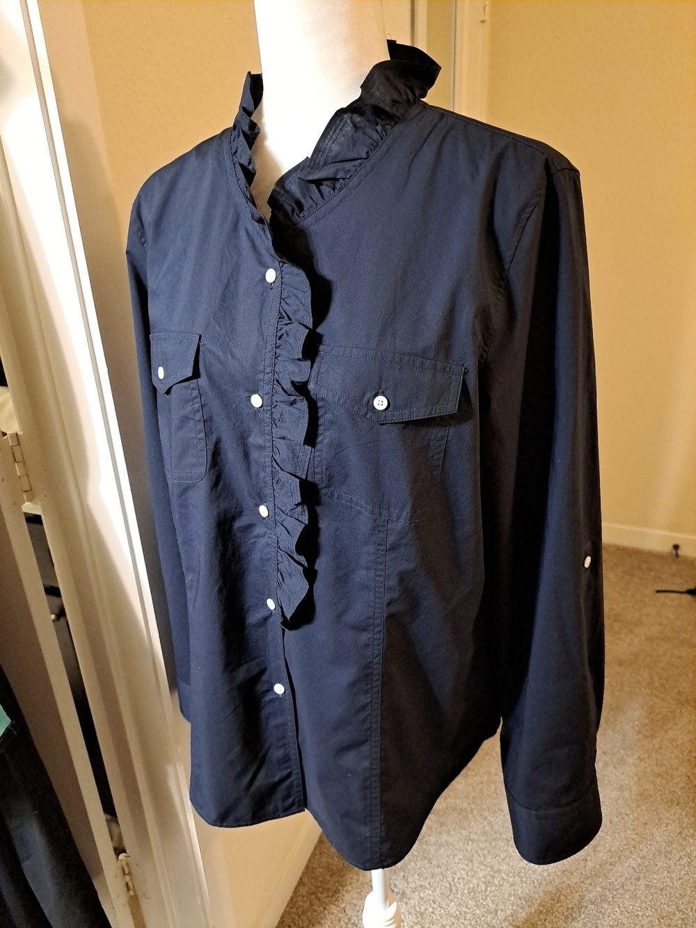 NWT Talbots Navy Cotton V-Neck Ruffle Trim Button Front Long Sleeve Shirt Sz 14